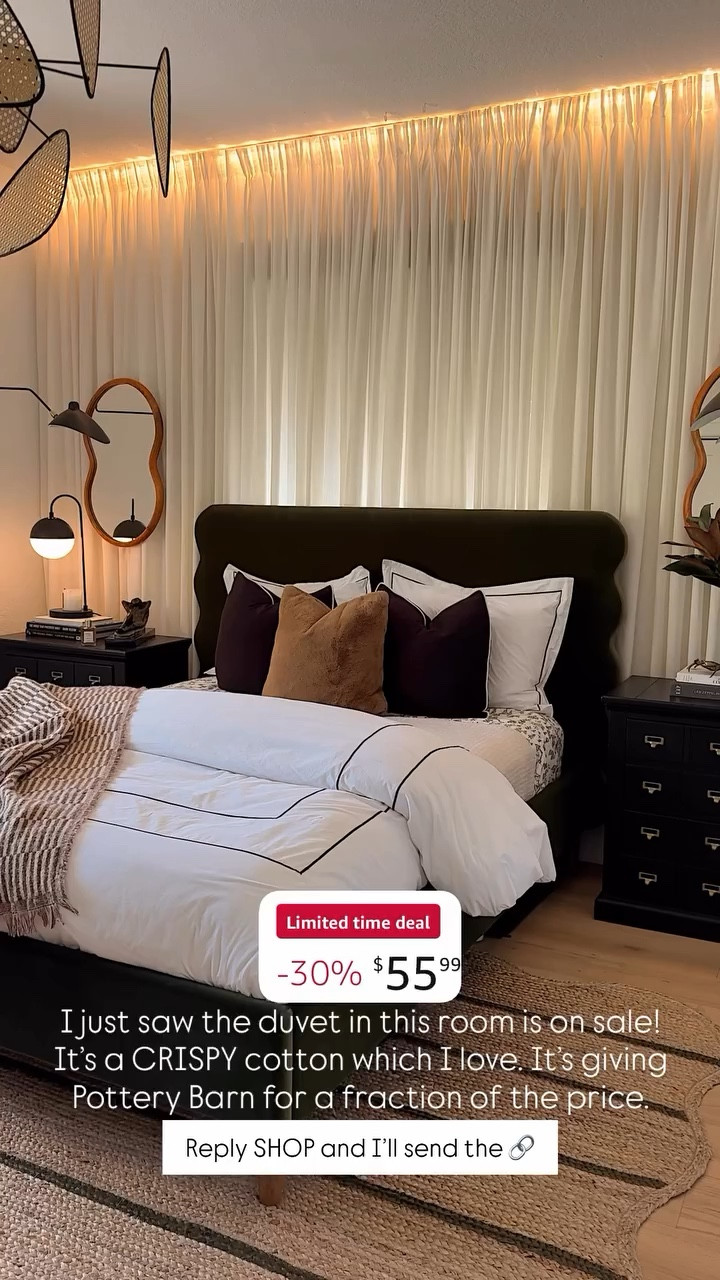 Reply SHOP and I’ll send the 🔗 I just saw the duvet in this room is on sale! It’s a CRISPY cotton which I love. It’s giving Pottery Barn for a fraction of the price.