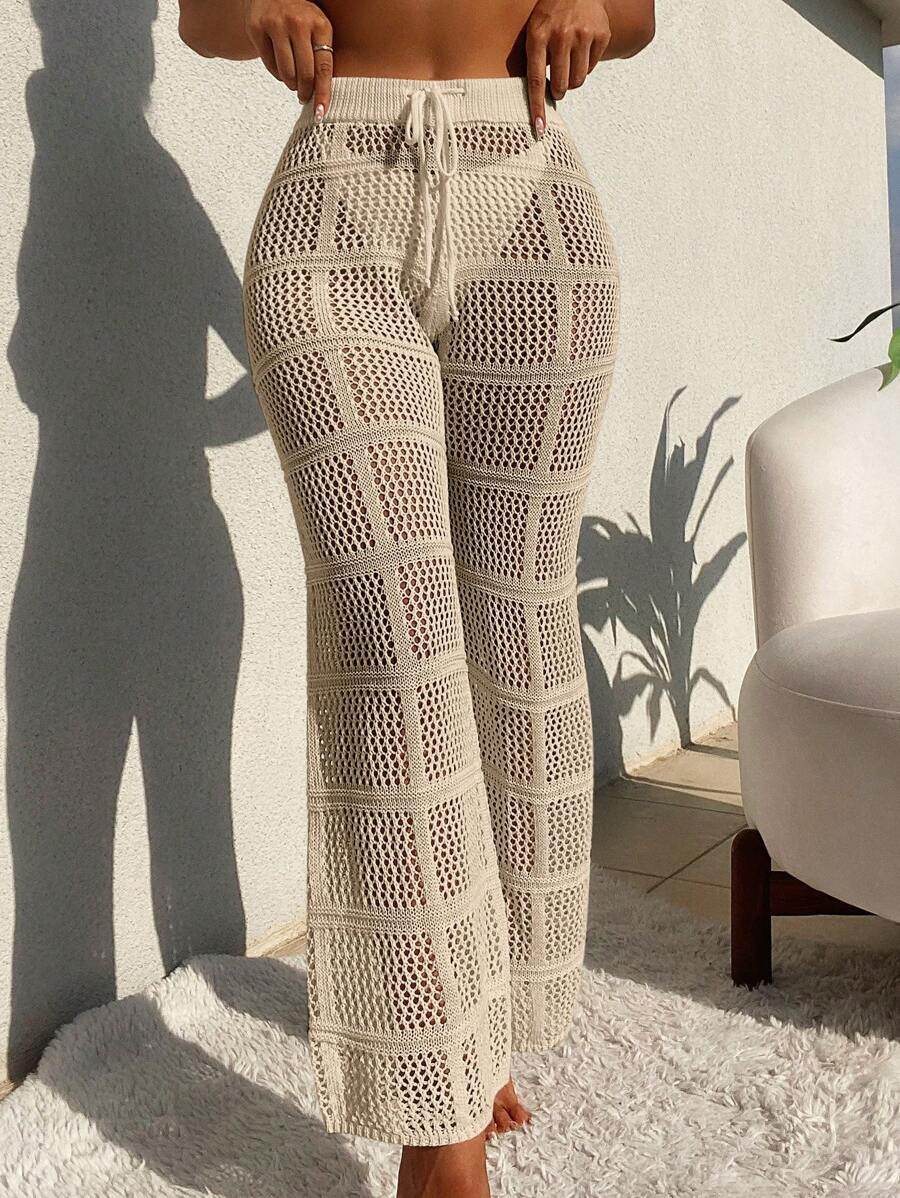 SHEIN Swim Vcay Holiday Solid Color Hollow Knitted Drawstring Waist See-Through Cover-Up Pants,Su... | SHEIN