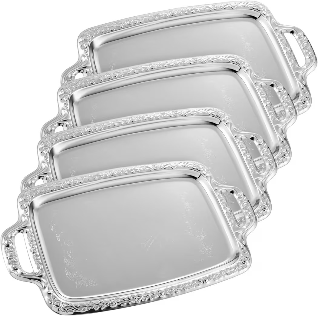 4 Pcs Silver Serving Tray with Handle Elegant Floral Metal Plate Silver Platter for Buffet Weddin... | Amazon (US)