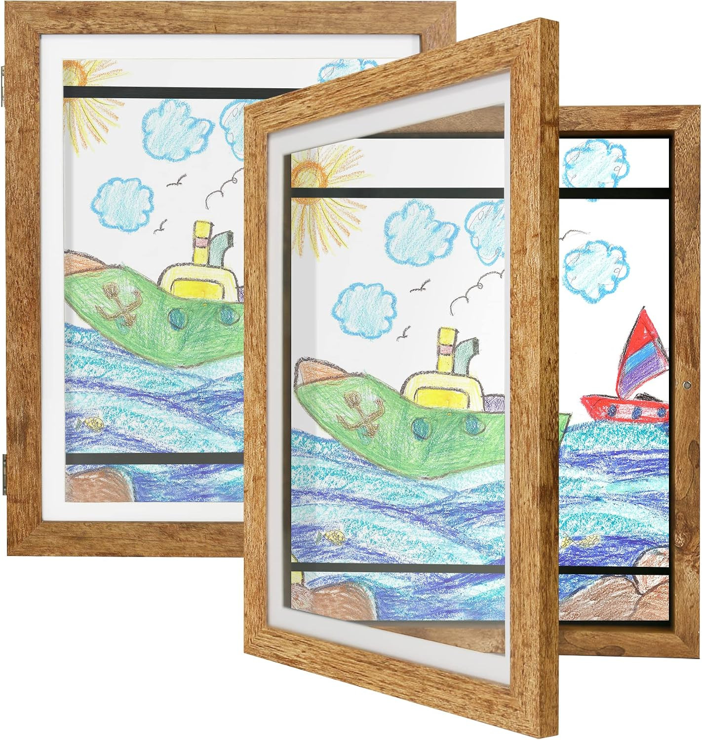 iRahmen Kids Art Frames 9x12 Set of 2 - Front Opening Childrens Picture Frame Changeable, Wood Artwork Display Storage for Wall Mount, Magnetic Door Holds 50 Art Pieces for Drawings, 3D Picture, Crafts, Portfolio, Brown | Amazon (US)