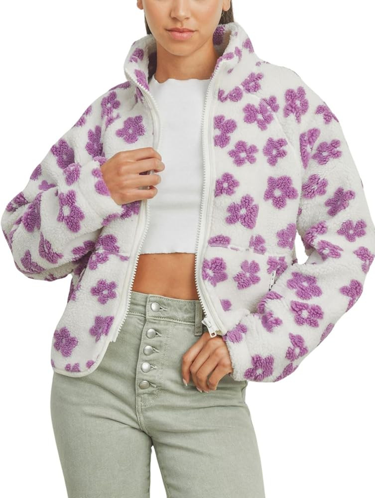 chouyatou Women's Fall Winter Casual Cute Floral Fleece Jacket Fuzzy Zip Up Sherpa Jacket Faux Fu... | Amazon (US)