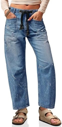 Cicy Bell Womens Baggy Barrel Horseshoe Jeans Wide Leg Drawstring Vintage Denim Pants with Front ... | Amazon (US)