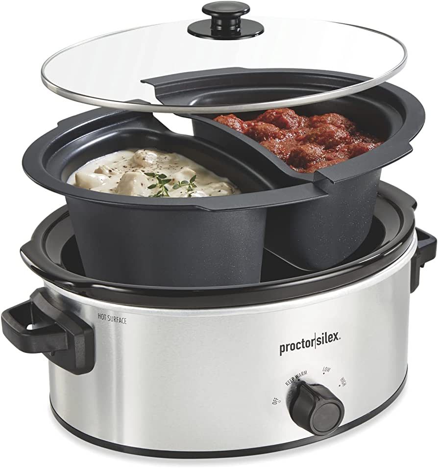 Proctor Silex Double Dish Slow Cooker with 6qt Crock and Dual 2.5qt Nonstick Insert to Cook Two M... | Amazon (US)