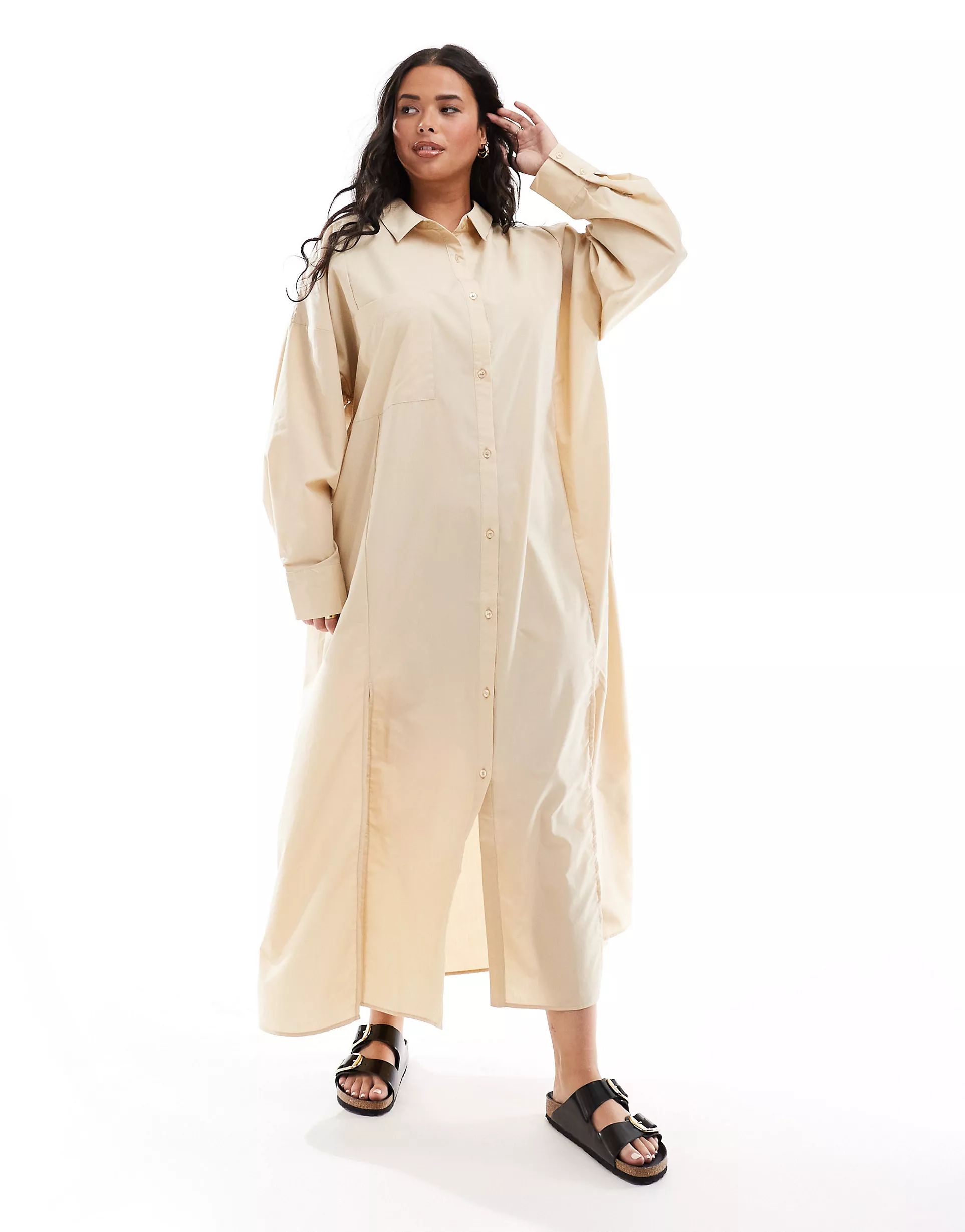 ASOS DESIGN Curve maxi shirt dress with high double split in stone | ASOS (Global)