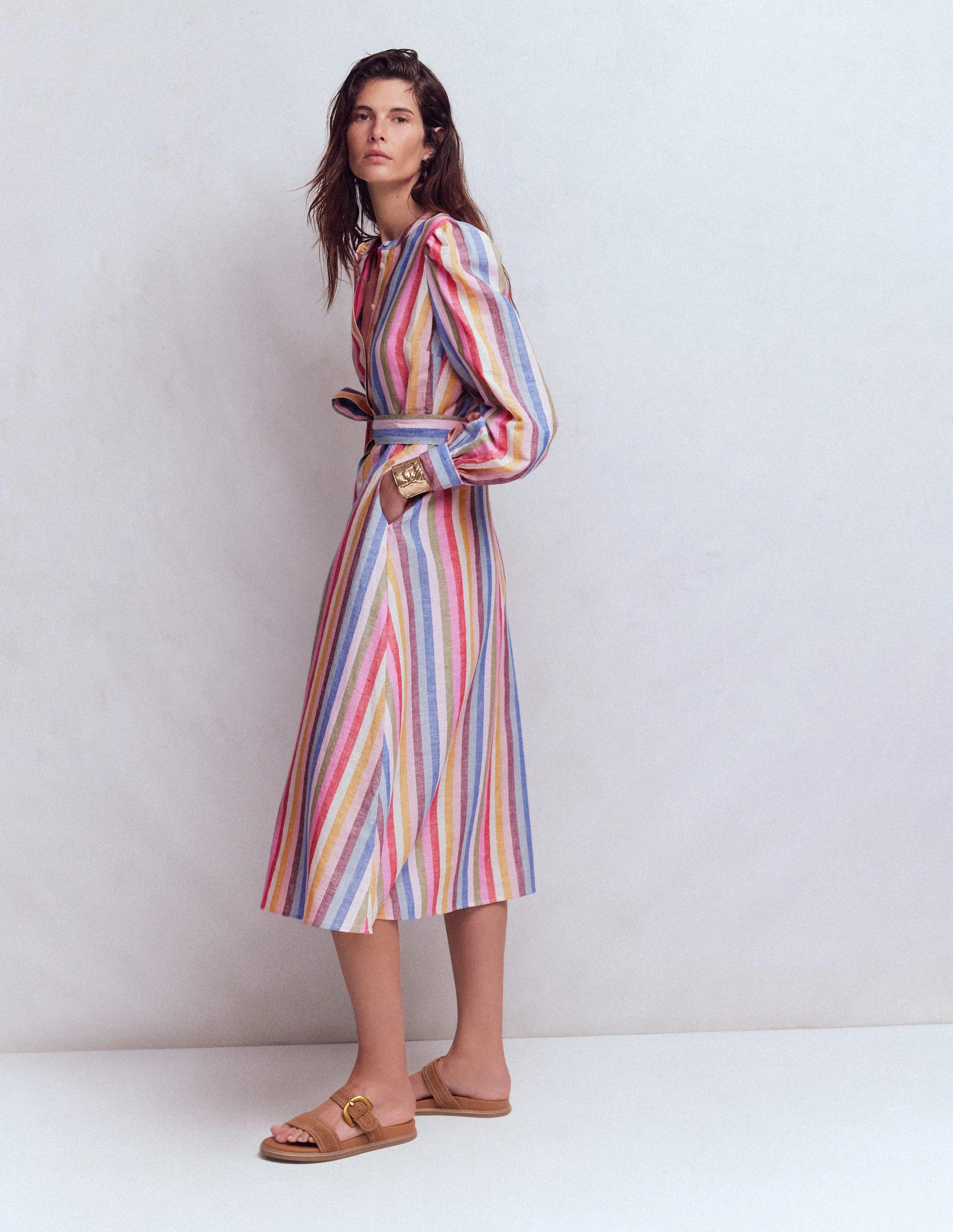 Ava Linen Blend Midi Dress-Pink, Green, Purple Multi | Boden (US)