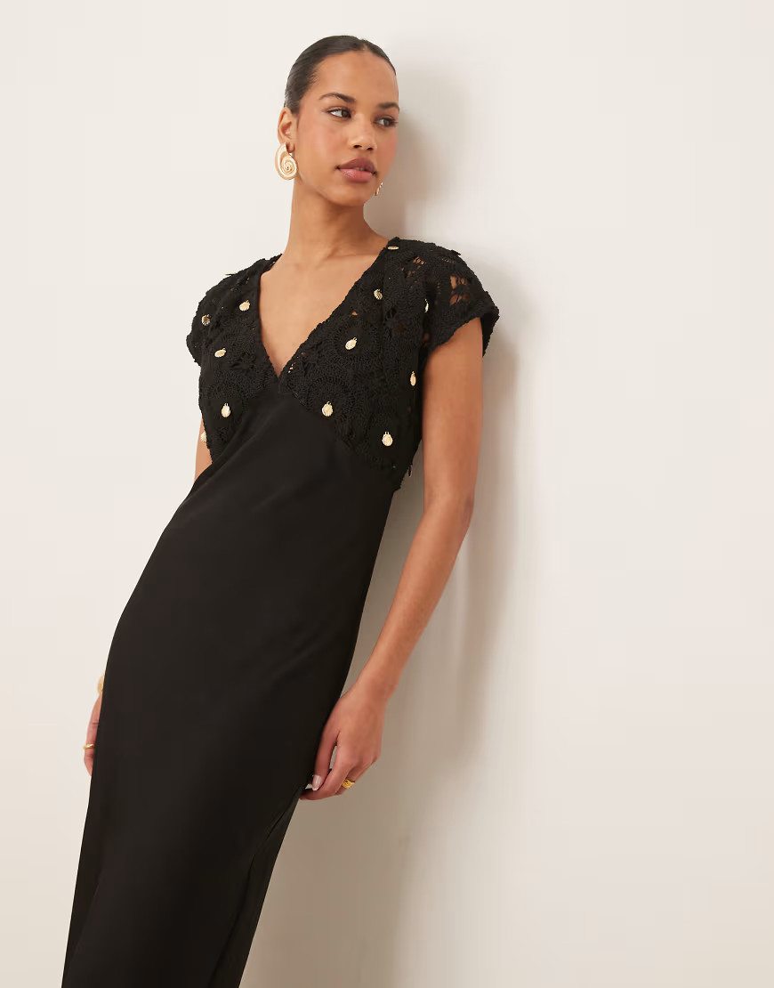 Never Fully Dressed crochet shell maxi dress in black | ASOS (Global)
