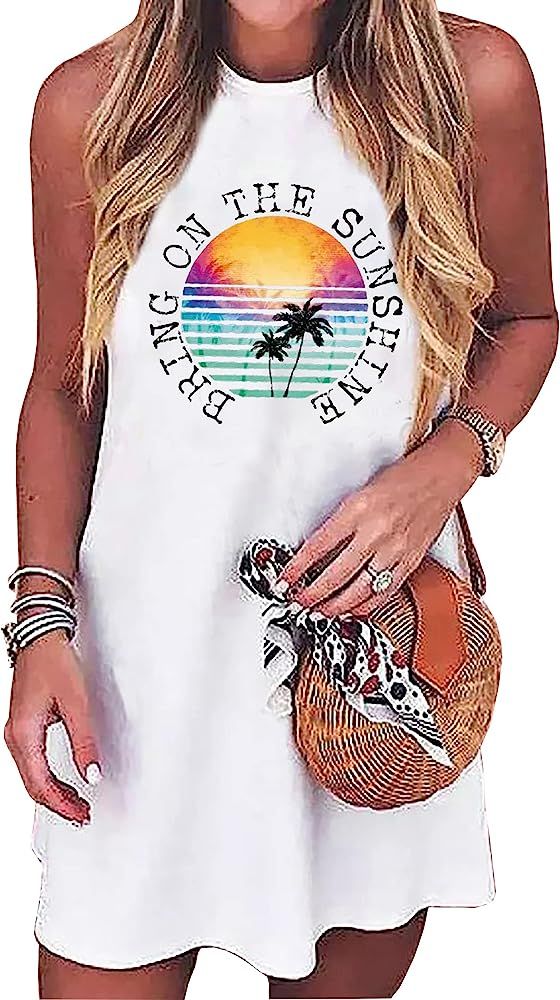 Sun Salt Sand Coconut Tree Tank Mini Dress for Women Sleeveless Beach Praty Shirts Summer Vacatio... | Amazon (US)