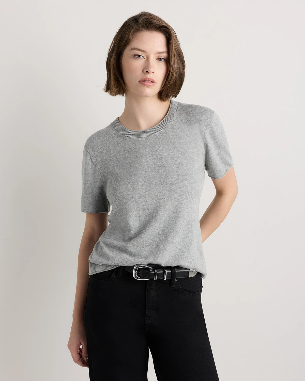 Lightweight Cotton Cashmere Relaxed Sweater Tee in Heather Oatmeal | Quince