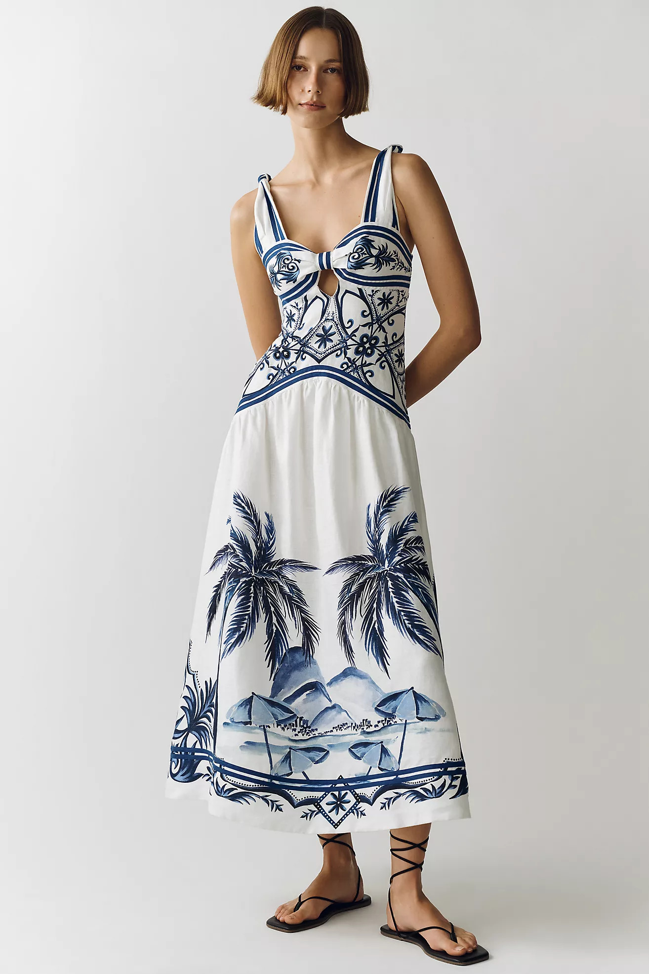 Farm Rio Linen Printed Cutout Midi Dress | Anthropologie (US)