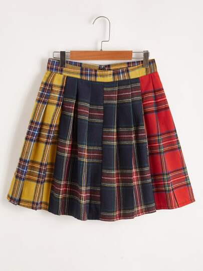 Tartan Color-block Pleated Skirt | SHEIN