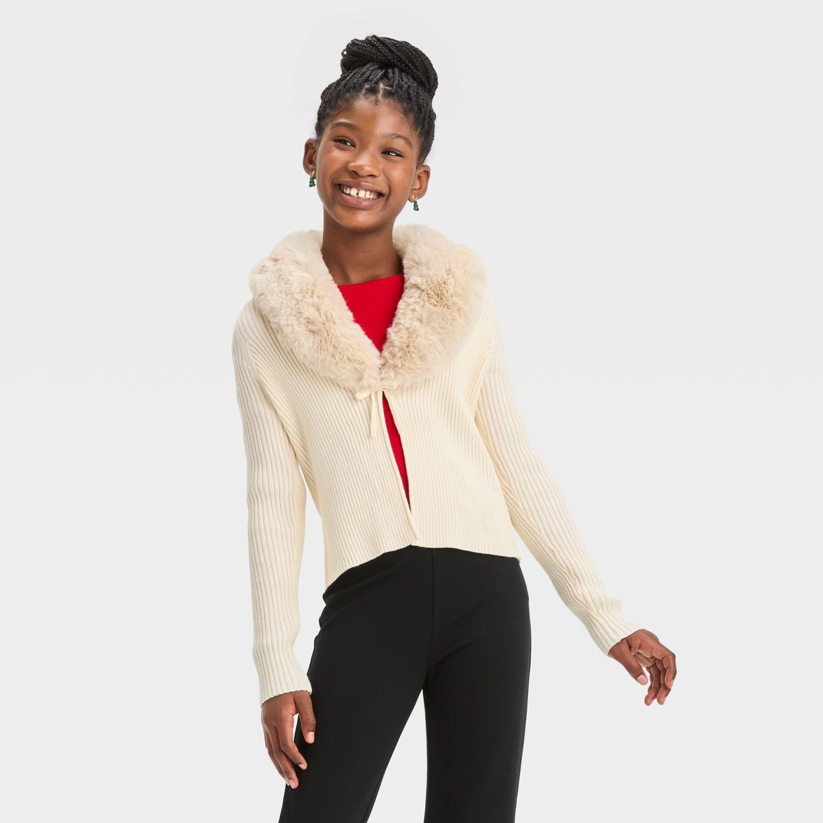 Girls' Faux Fur Collar Cardigan Sweater - art class™ | Target