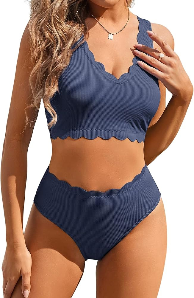 ZAFUL High Waisted Swimsuits for Women Scalloped Bikini Sets Back Lace-Up Tankini Sets Tummy Cont... | Amazon (US)