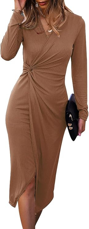 SHIBEVER Women's Long Sleeve Dress: Midi Casual V Neck Dresses Twist Waist Ribbed Knit Bodycon Sl... | Amazon (US)