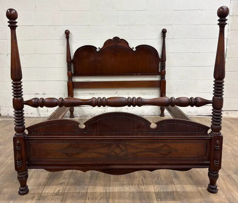 Vintage Full Size Art Deco Art Nouveau Style Walnut Low Poster Cannonball Bed | Etsy (Global)