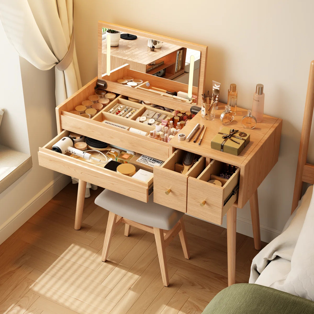 Solid Wood Makeup Vanity with Flip Mirror and Lighting Modes | Wayfair North America