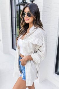 Sounds Alright Beige Gingham Oversized Button Front Blouse | Pink Lily