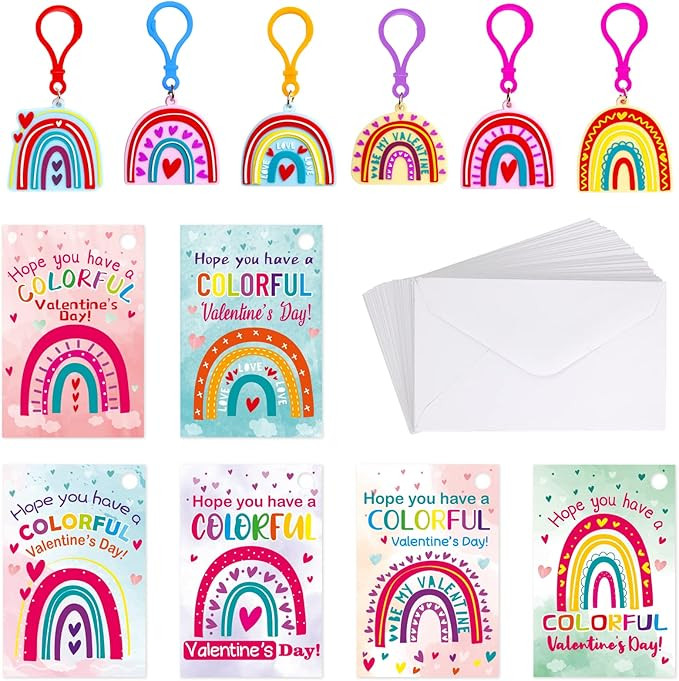 ceiba tree 30 Pack Valentines Day Gifts Cards with Rainbow Key Chain Valentine Exchange Gift Clas... | Amazon (US)