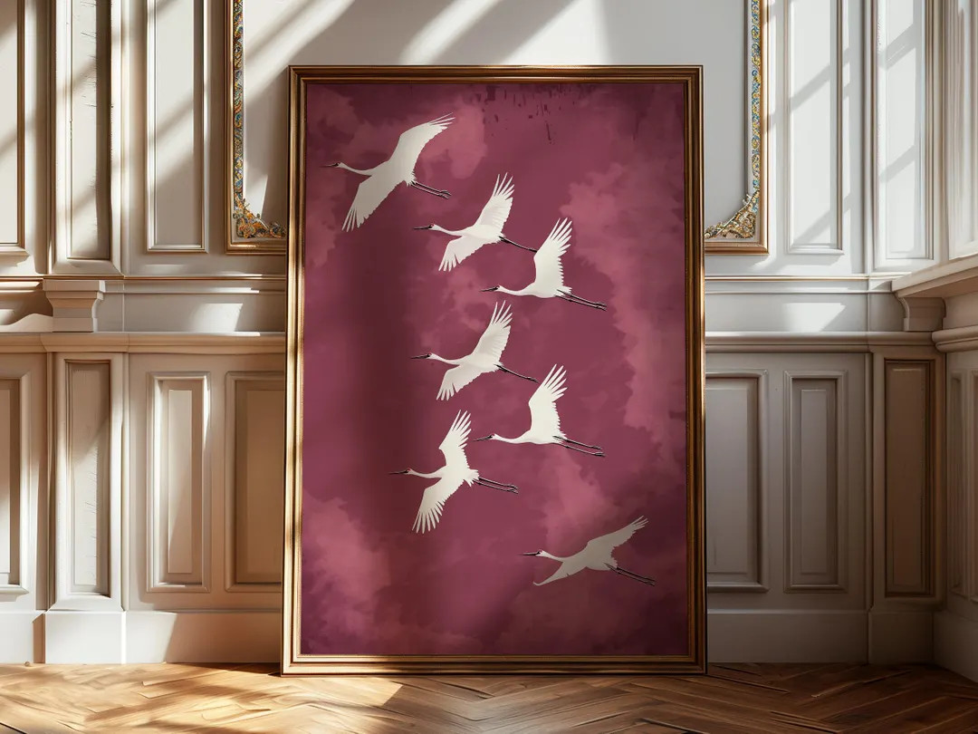 Flying Cranes Japandi Style Print Pink Burgundy White Bird Image PRINTABLE Digital Download Elega... | Etsy (US)