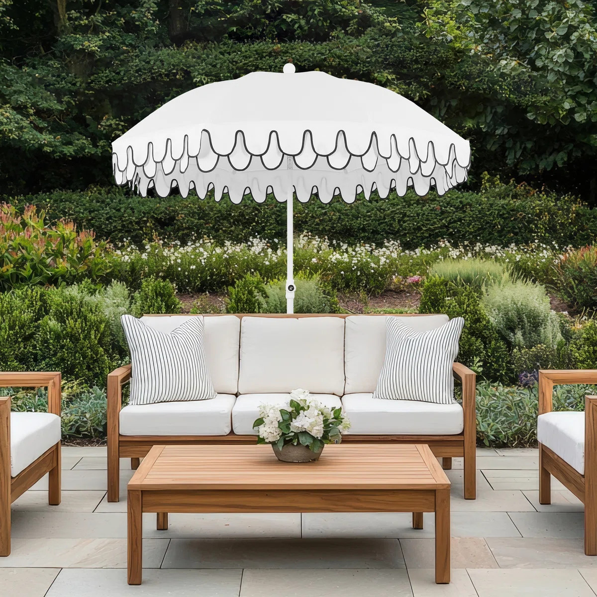 Horizon 6.5 ft. Scalloped Edge Beach Umbrella with Fringe, Push-Button Tilt, UV 50 Outdoor Canopy... | Wayfair North America