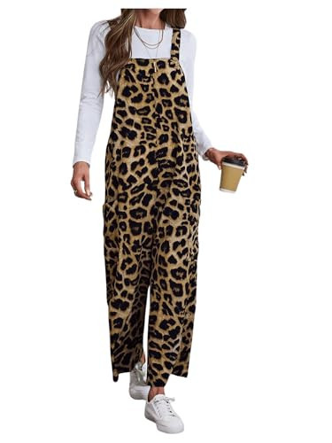 OYOANGLE Women's Leopard Print Strap Bib Overalls Sleeveless Straight Leg Long Jumpsuits with Pocket Brown Small | Amazon (US)