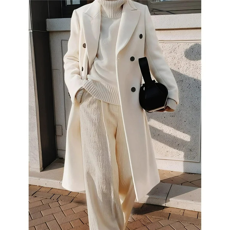 Womens Long Wool Coats Fall Winter Double Breasted Trench Coat Peacoat White XL | Walmart (US)