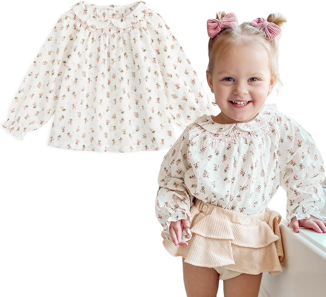 Curipeer Long Sleeve Baby Girls Blouse for Spring Casual Toddle Girl Cotton Outfits White 4-5 T | Amazon (US)
