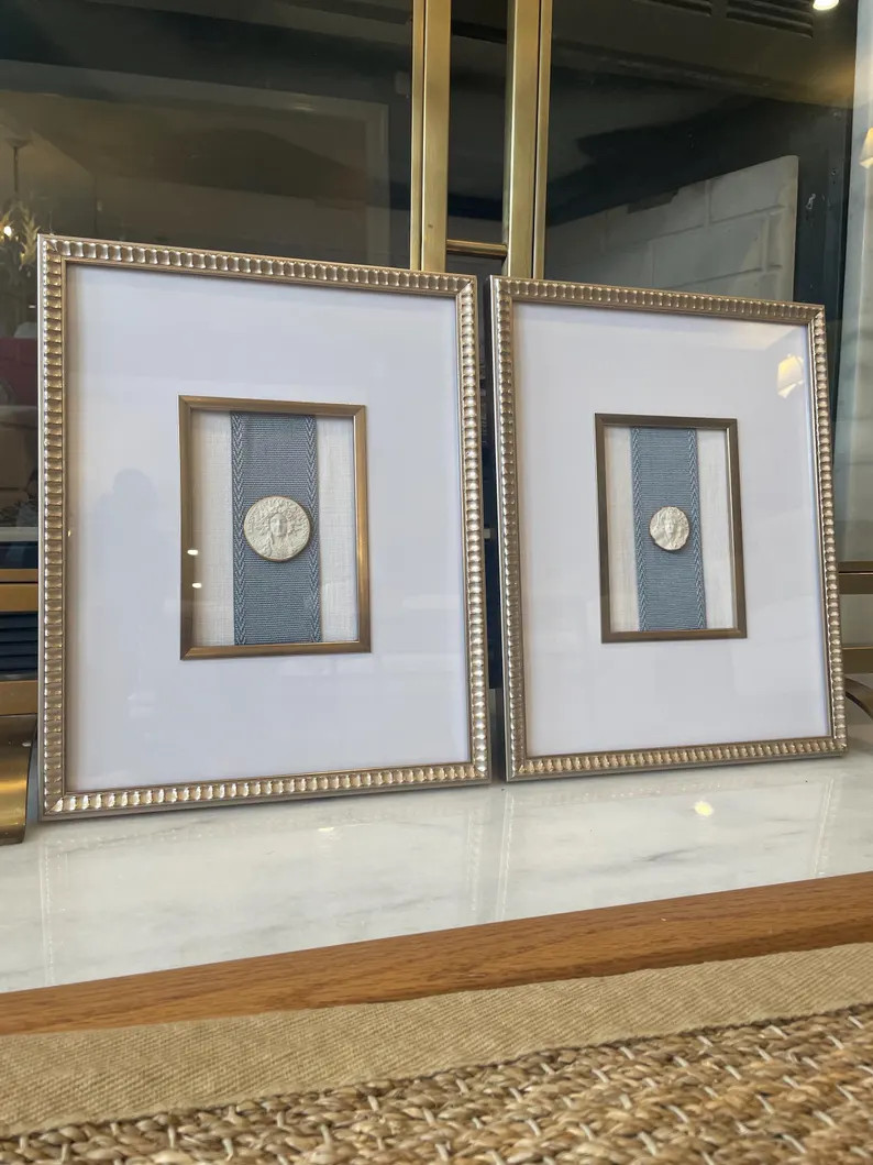 Framed Intaglios Set  - with Cream Linen Background and Blue Trim, Intaglio Bundle, Set of Intagl... | Etsy (US)