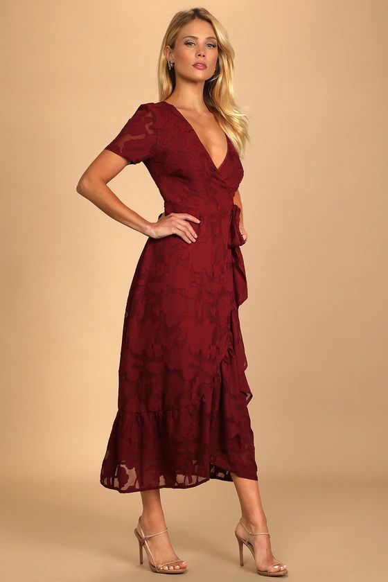 Blissfully Burgundy Jacquard Short Sleeve Wrap Midi Dress | Lulus (US)