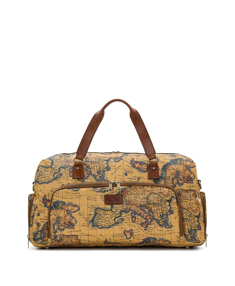 Mandara Overnighter Duffel - Patina Coated Linen Canvas European Map | Patricia Nash Designs