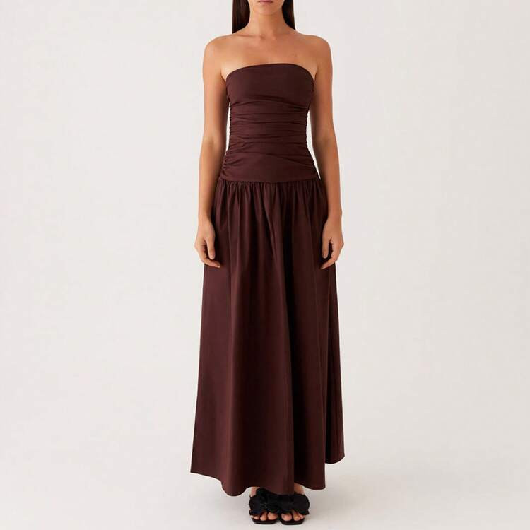 Women Summer Casual Sexy Tube Long Dress Ruched Boat Neck Backless Sleeveless Strapless Flowy Dresses | SHEIN