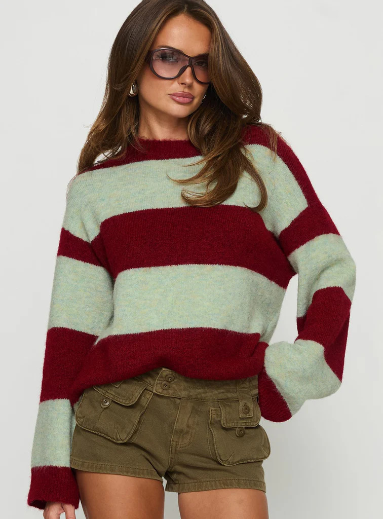 Nesha Fluffy Knit Sweater Red / Blue Stripe | Princess Polly US