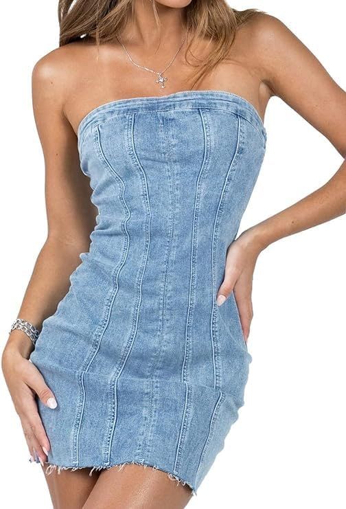 Fronage Women's Sexy Jeans Denim Strapless Dresses Bodycon Corset Tube Mini Dress | Amazon (US)