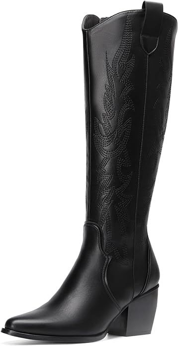 DREAM PAIRS Womens Cowboy Boots, Comfortable Pull On Zipper Chunky Heel Pointed Toe Embroidered W... | Amazon (US)