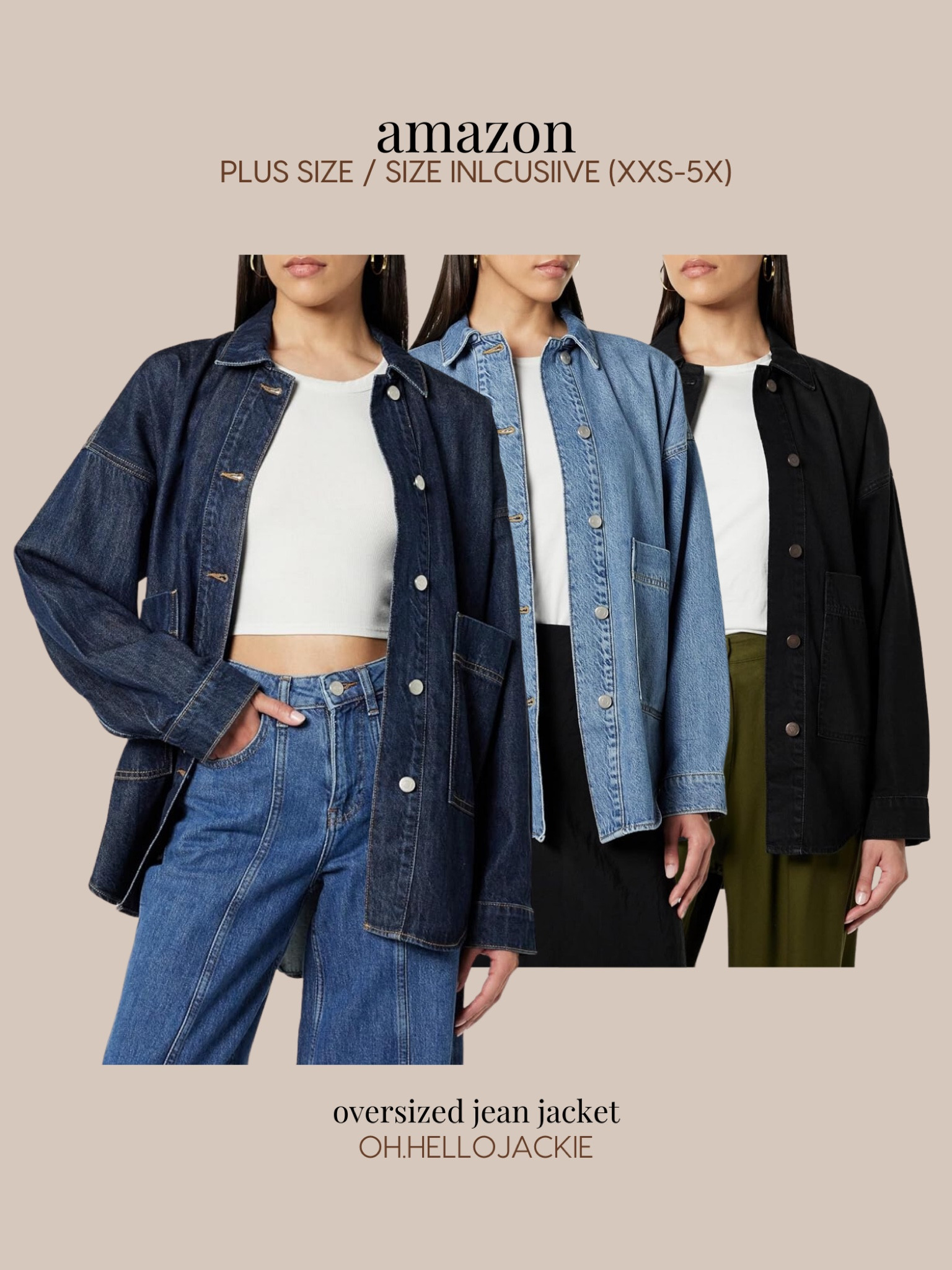Affordable AMAZON finds! Plus size and size inclusive - XXS to 3X, 4X, 5X TRUE TO US SIZES.

An oversized denim jacket is wardrobe staple! Throw on over a slinky dress with tennis shoes for a casual cool girl appeal, throw over your athletic wear with a cute baseball cap for a chic and sporty look. So versatile!

Denim jean overside jacket in light wash, medium wash, black denimm

#LTKPlusSize #LTKMidsize #LTKFindsUnder100
