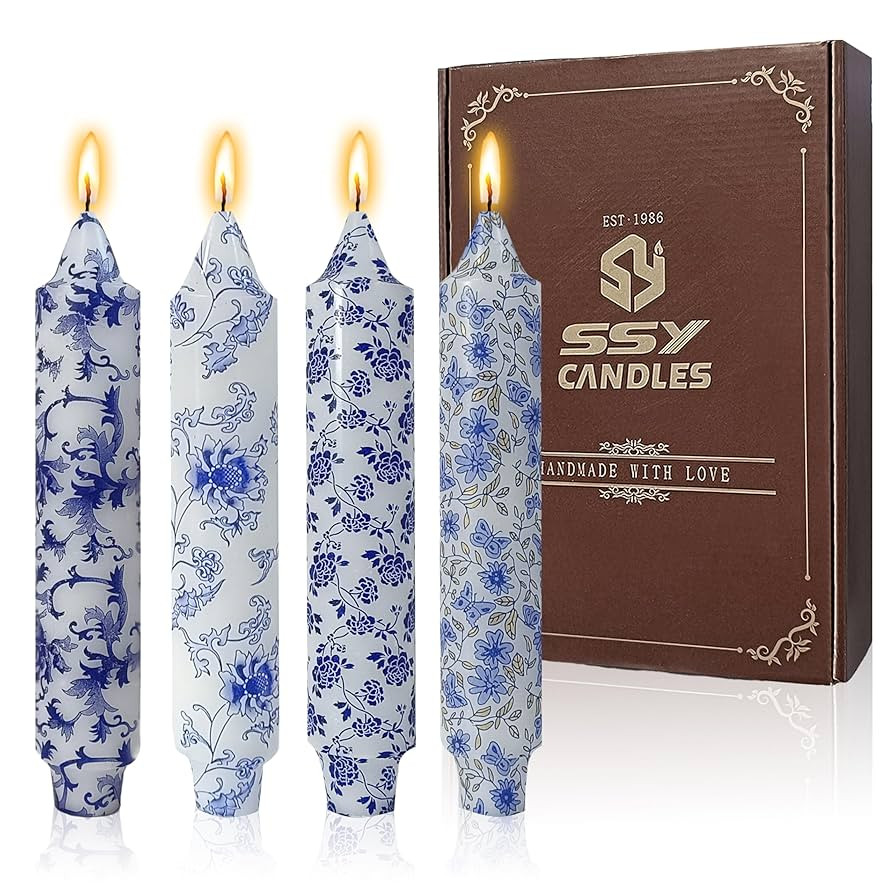 Floral Candle Sticks Printed Candlestick 4 pcs Blue and White Porcelain Unscented Taper Candle Lo... | Amazon (US)