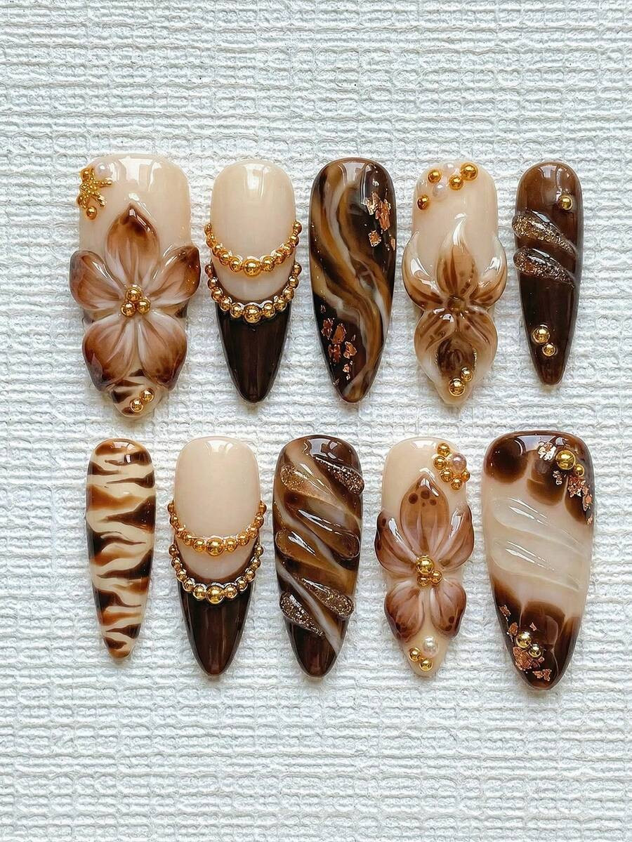 Elegant Y2K Press On Nails Almond Long 10Pcs - French Tip With Brown Gradient Florals 3D Starfish... | SHEIN