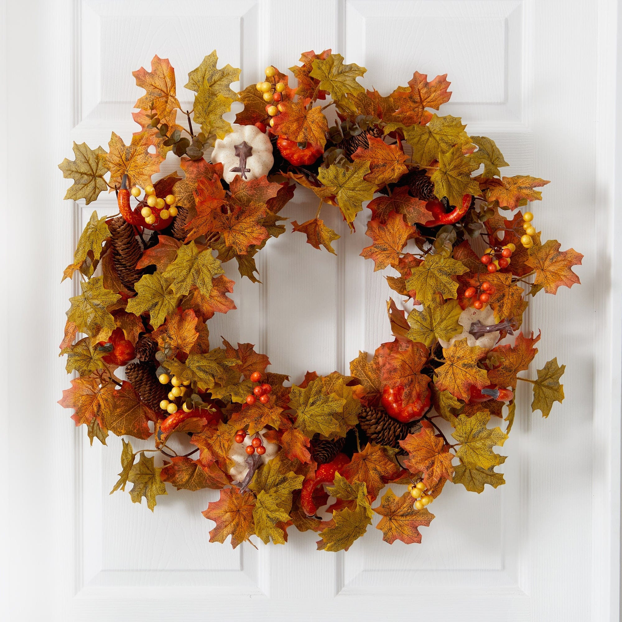 30” Autumn Pumpkin and Maple Leaf Artificial Fall Wreath | Nearly Natural | Nearly Natural