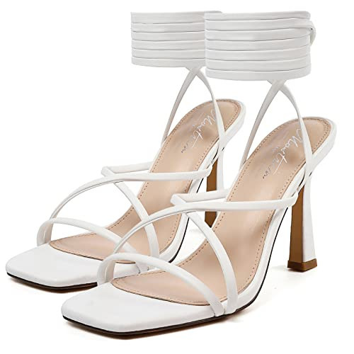 Mostrin White Strappy Heels for Women Lace Up Heels Tie Up Stiletto Heeled Sandals Square Open Toe High Heels for Prom, Party and Weddings Size 9.5 | Amazon (US)