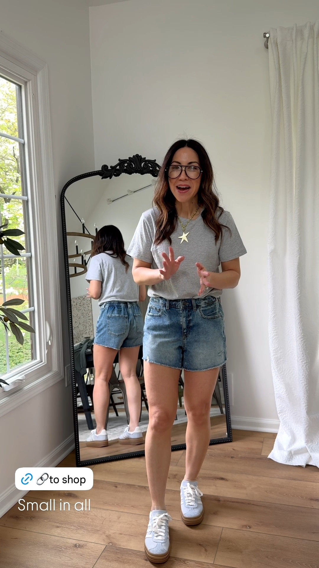 Small denim shorts. Small grey T-shirt. Sneakers size down half.

#LTKOver40 #LTKSaleAlert
