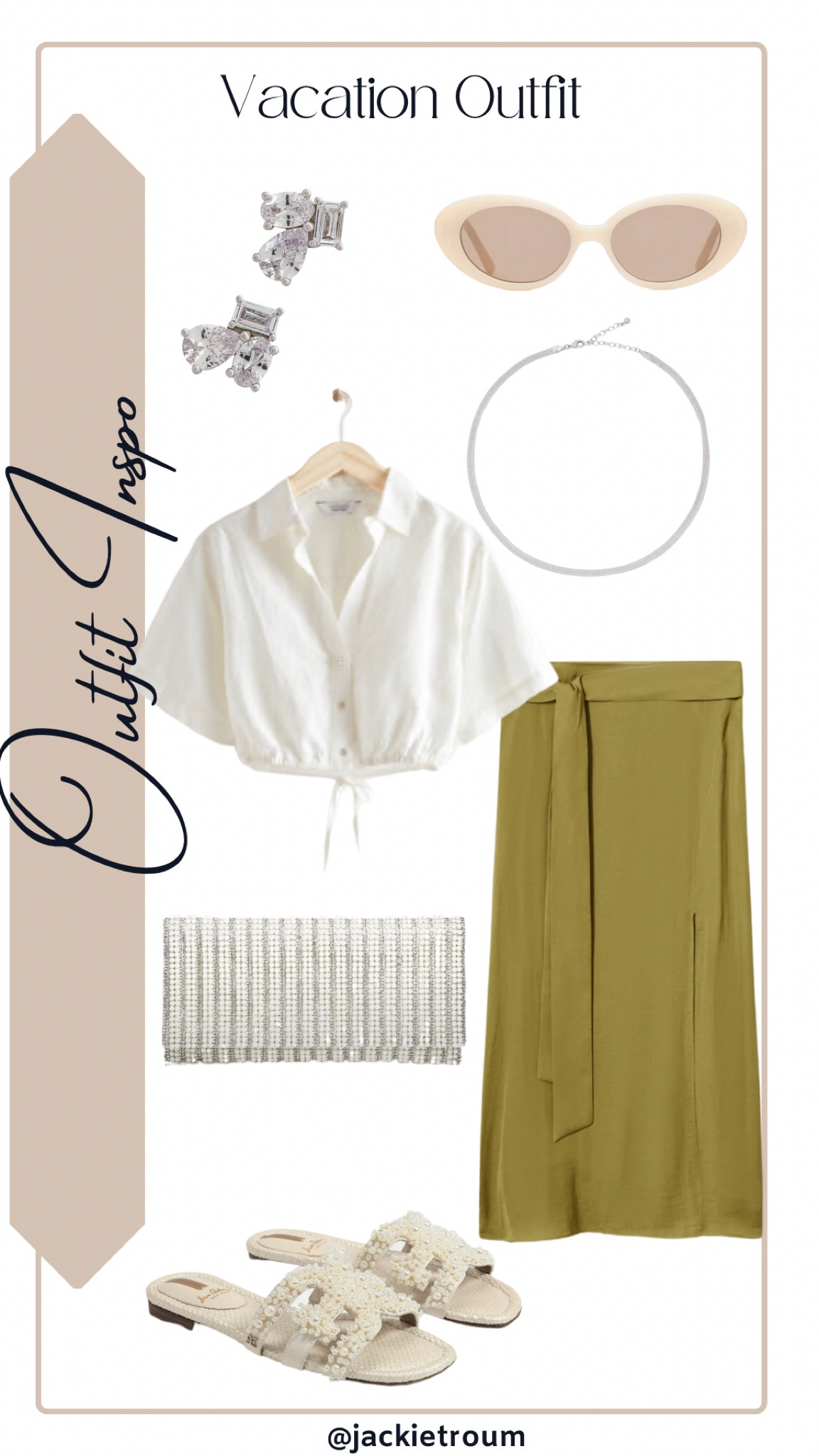 Vacation Outfit Idea

White Button Crop Top: & Other Stories
Bow Satin Skirt: Mango
Beaded Clutch: Aqua
Pearl Slide Sandals: Sam Edelman
Sunglasses: Revolve
Earrings: Shashi for Revolve
Silver Necklace: Uncommon James

#LTKtravel #LTKSeasonal #LTKshoecrush
