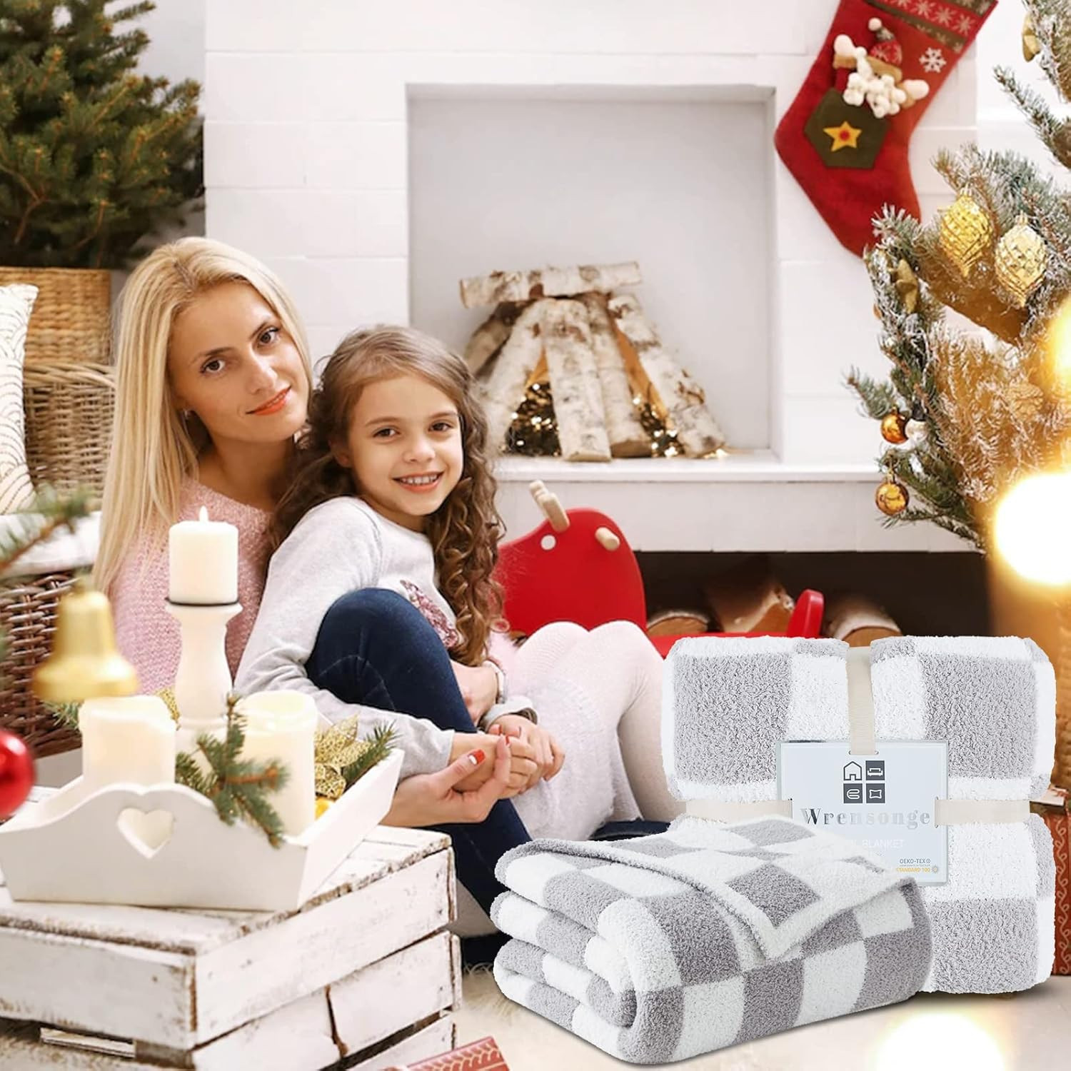 WRENSONGE Checkered Throw Blanket, Light Grey Microfiber Soft Cozy Fluffy Warm Hand Made Throw Bl... | Amazon (US)