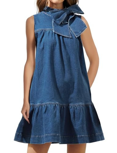 EZAPINE Denim Dress for Women Summer Sleeveless Mock Neck Ruffle Hem Babydoll Jean Dress with Bow Dark Blue | Amazon (US)