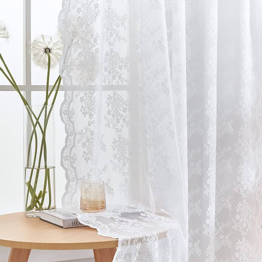 YJ YANJUN White Lace Curtains 63 inch Length Set of 2 French Elegance Floral Semi Sheer Curtain P... | Amazon (US)