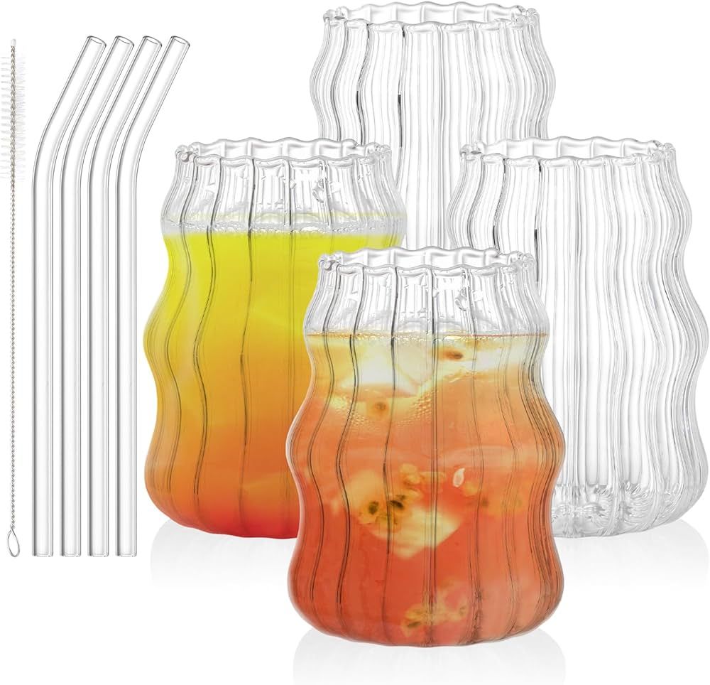 Tebery 4 Pack Ribbed Aesthetic Glass Cups with Glass Straw, 16Oz Vintage Drinking Glassware Rippl... | Amazon (US)
