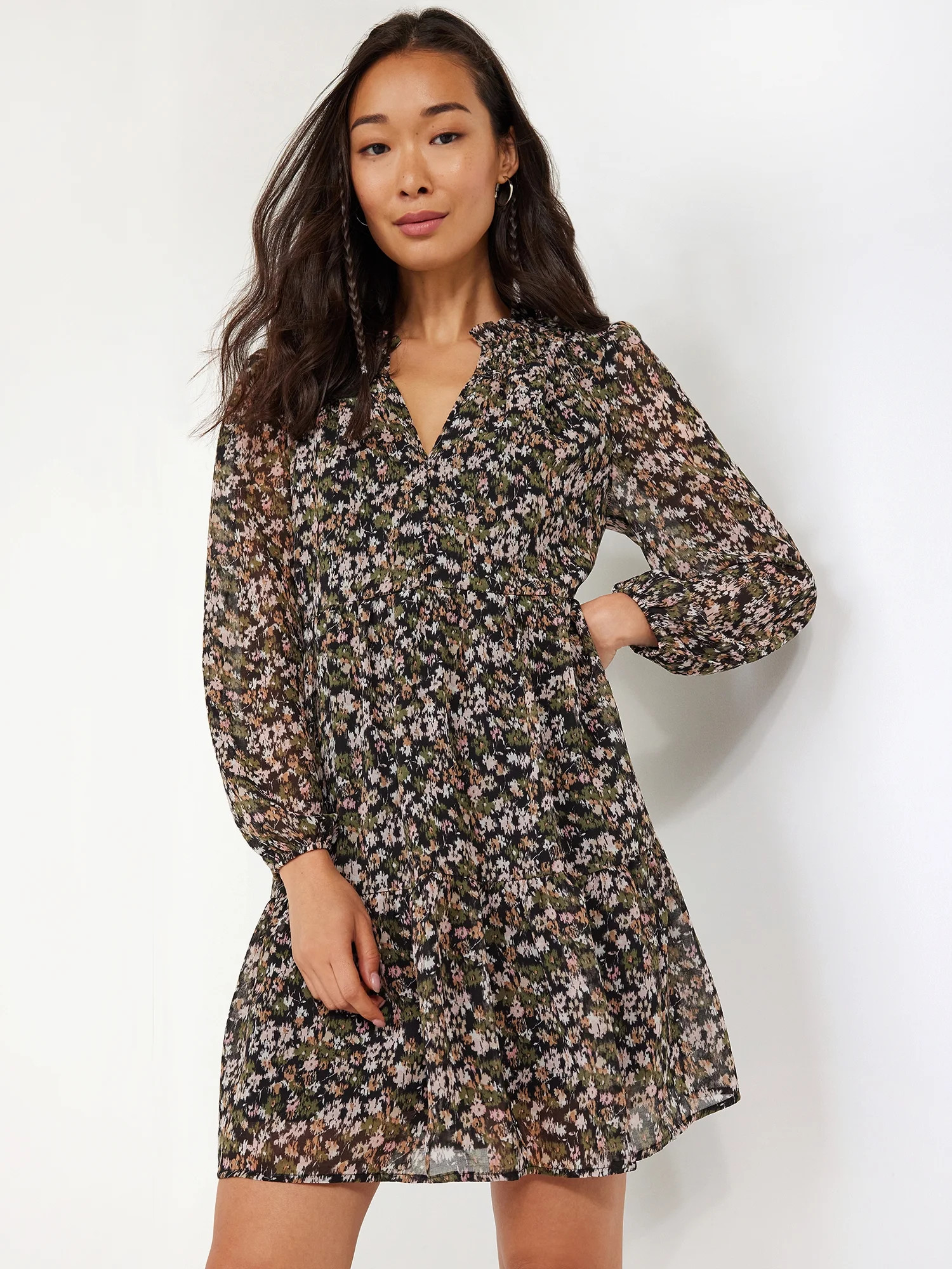 Time and Tru Women's Ruffle Neck Mini Dress | Walmart (US)