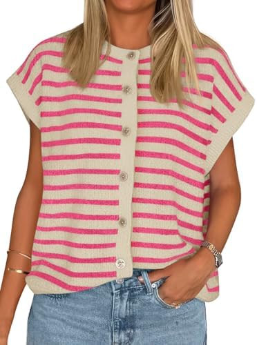 Cicy Bell Womens Striped Cap Sleeve Sweater Vest Button Down Cardigan Tops | Crew Neck, Short sle... | Amazon (US)