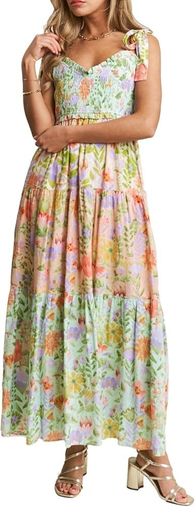 Women Bohemain Floral Maxi Dress Square Neck Bow Tie Shoulder Flowy Dress Ruffled Tiered Summer B... | Amazon (US)