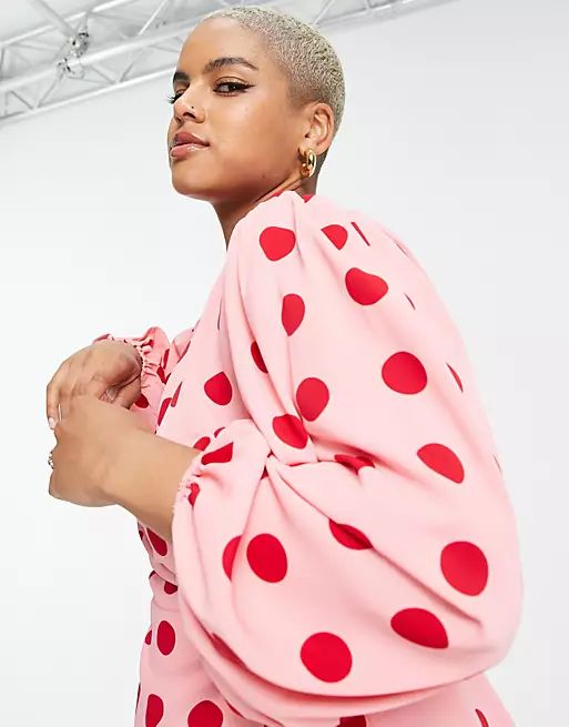 Glamorous Curve mini long sleeve wrap dress in pink red spot | ASOS (Global)