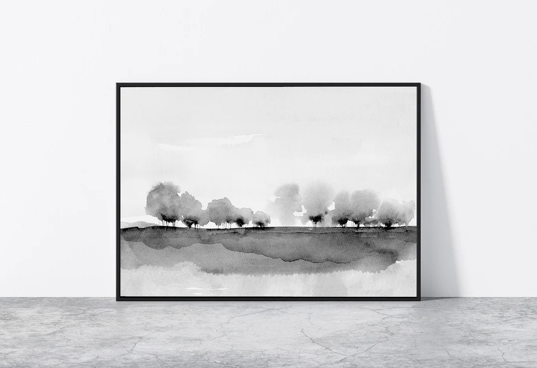 Black Gray Landscape Tree Wall Art Print Watercolor Printable Monotone Abstract Download DIY Prin... | Etsy (US)