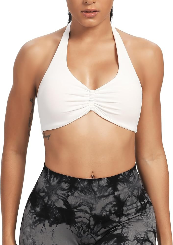 Aoxjox Women's Workout Sports Bras Fitness Taylor Scrunch Halter Bra Yoga Crop Tank | Amazon (US)